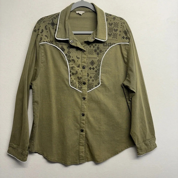 POL western button up Paisley M Olive Green women’s snap cowgirl - Picture 3 of 9
